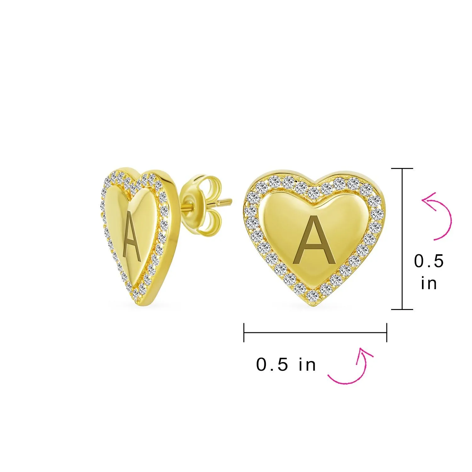 Initial Letter A-Z CZ Stud Earrings Heart Shaped Pave Halo 14K Gold Silver