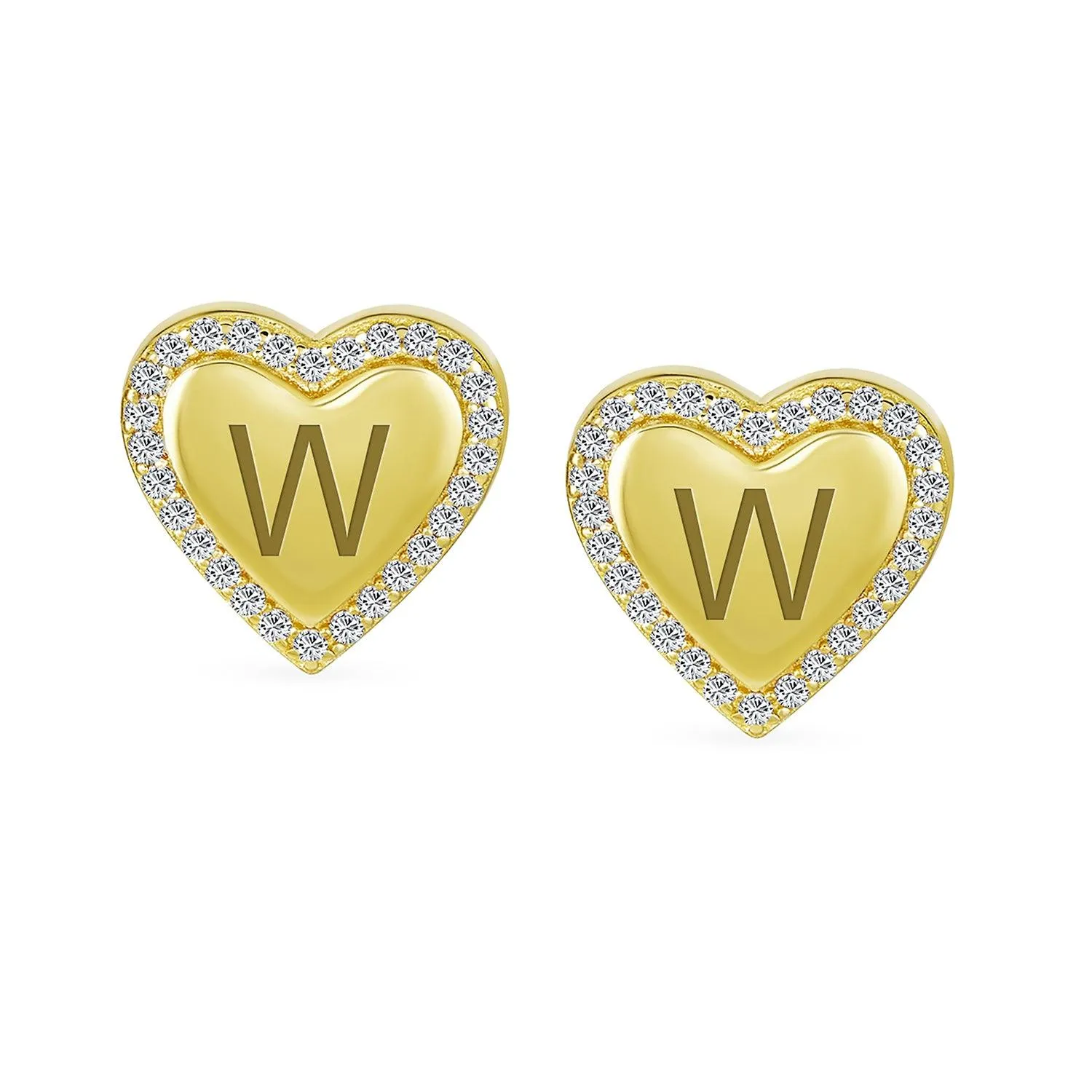 Initial Letter A-Z CZ Stud Earrings Heart Shaped Pave Halo 14K Gold Silver