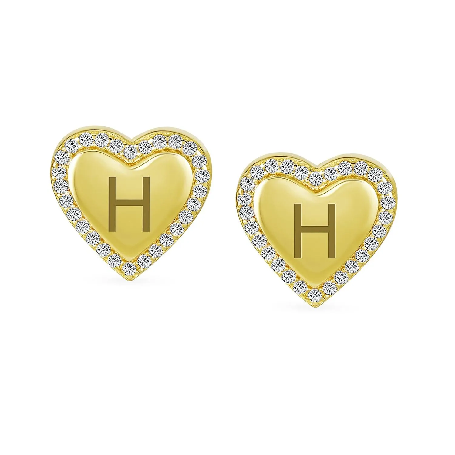 Initial Letter A-Z CZ Stud Earrings Heart Shaped Pave Halo 14K Gold Silver