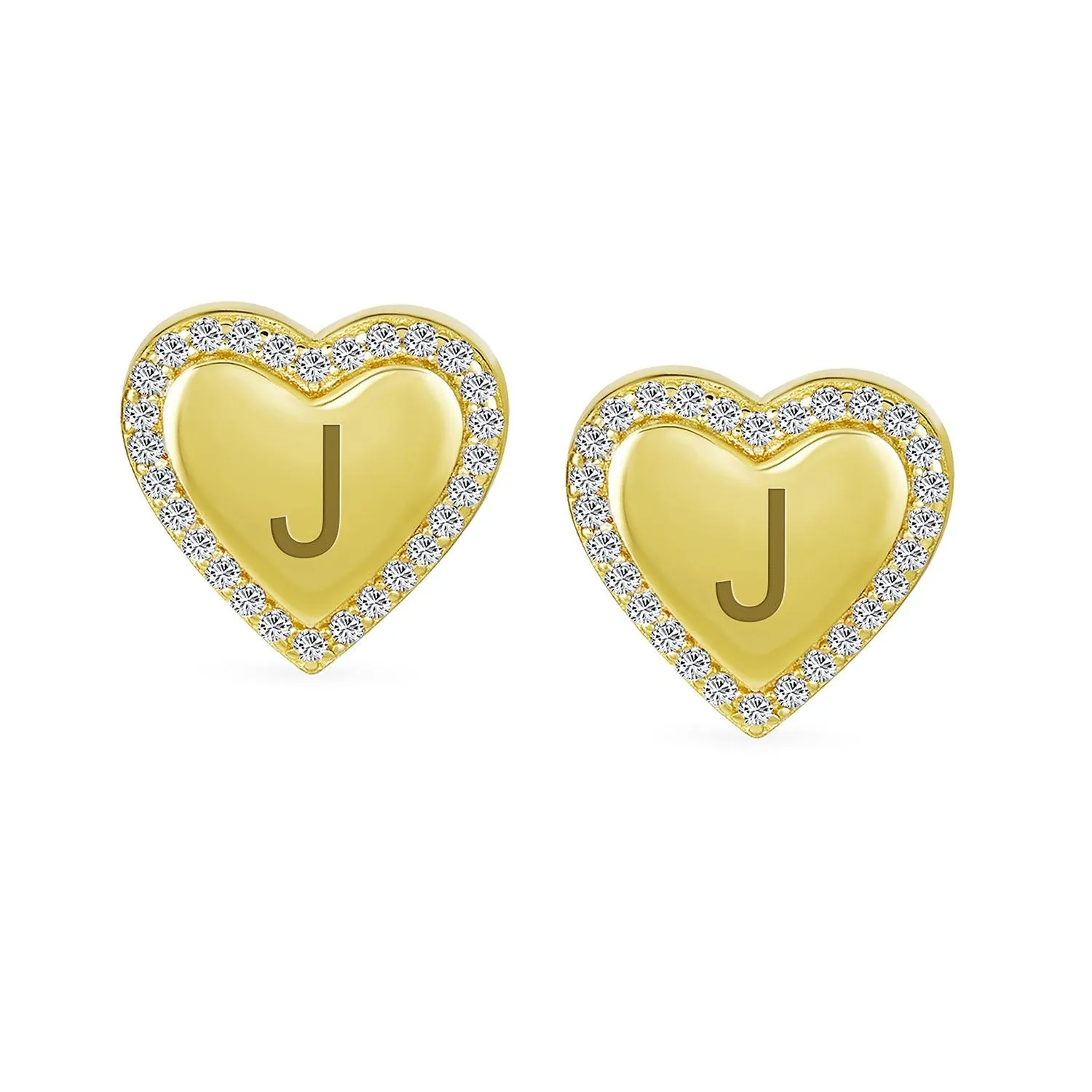 Initial Letter A-Z CZ Stud Earrings Heart Shaped Pave Halo 14K Gold Silver