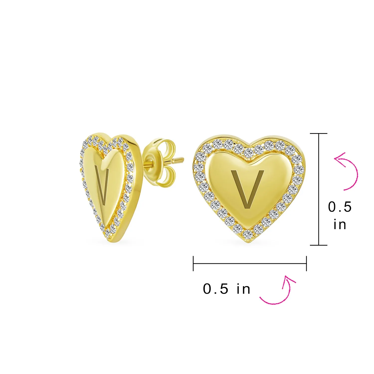 Initial Letter A-Z CZ Stud Earrings Heart Shaped Pave Halo 14K Gold Silver