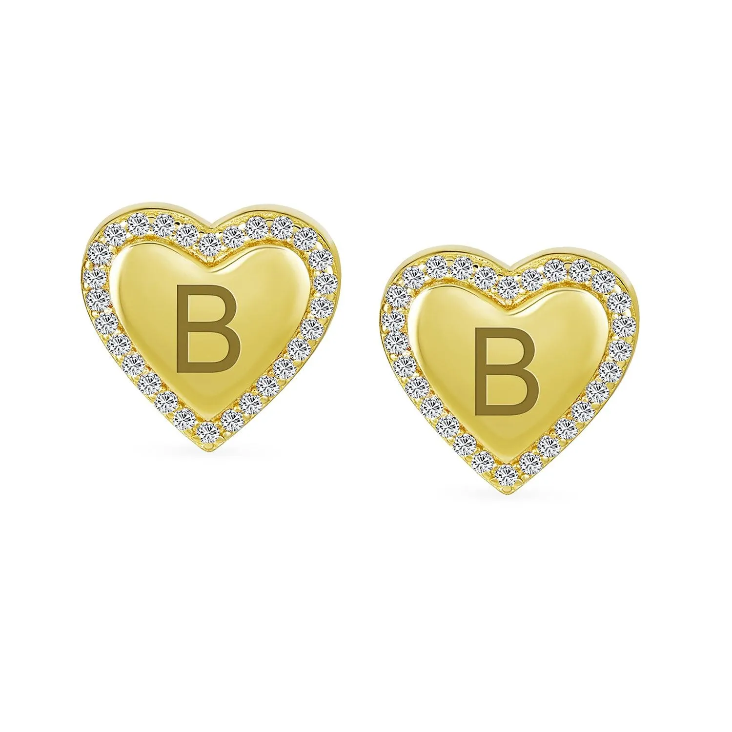 Initial Letter A-Z CZ Stud Earrings Heart Shaped Pave Halo 14K Gold Silver