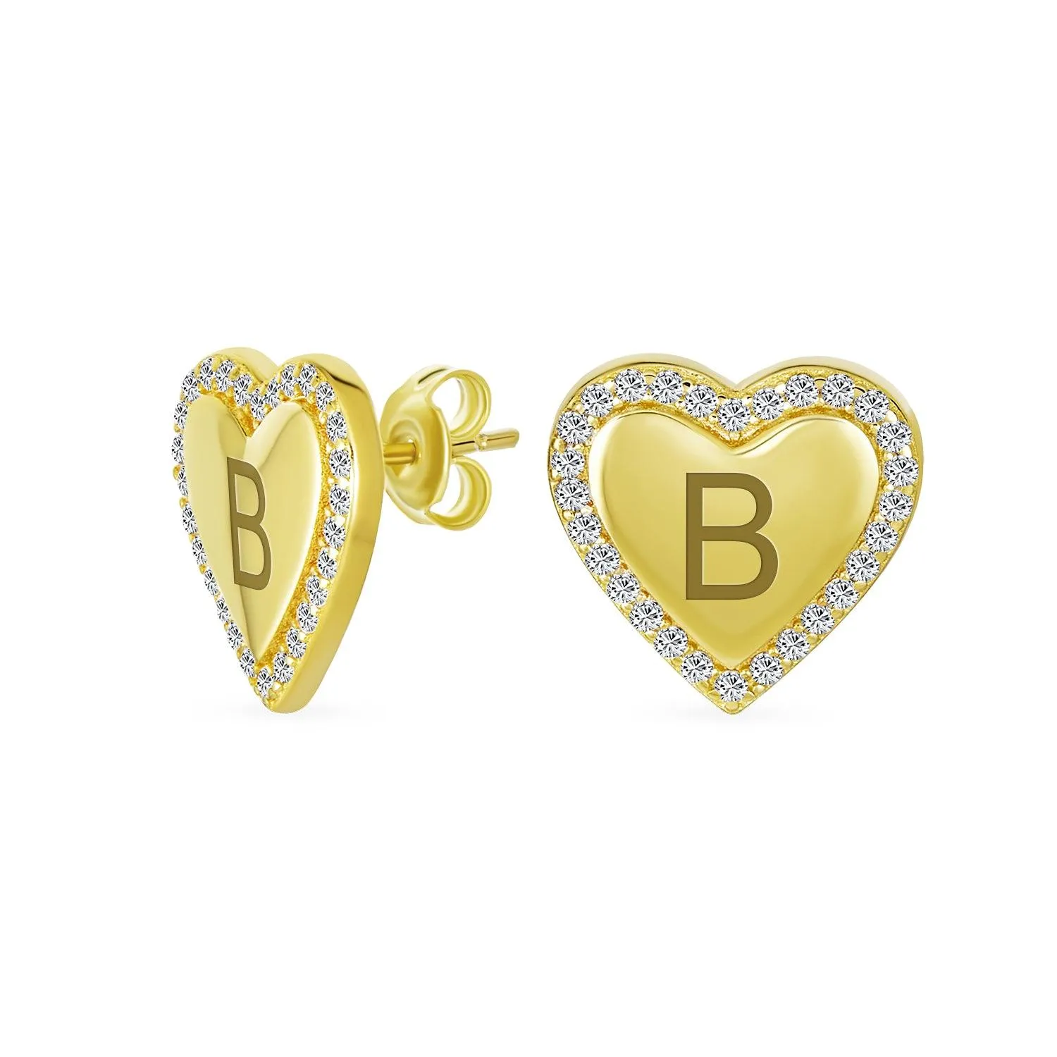 Initial Letter A-Z CZ Stud Earrings Heart Shaped Pave Halo 14K Gold Silver
