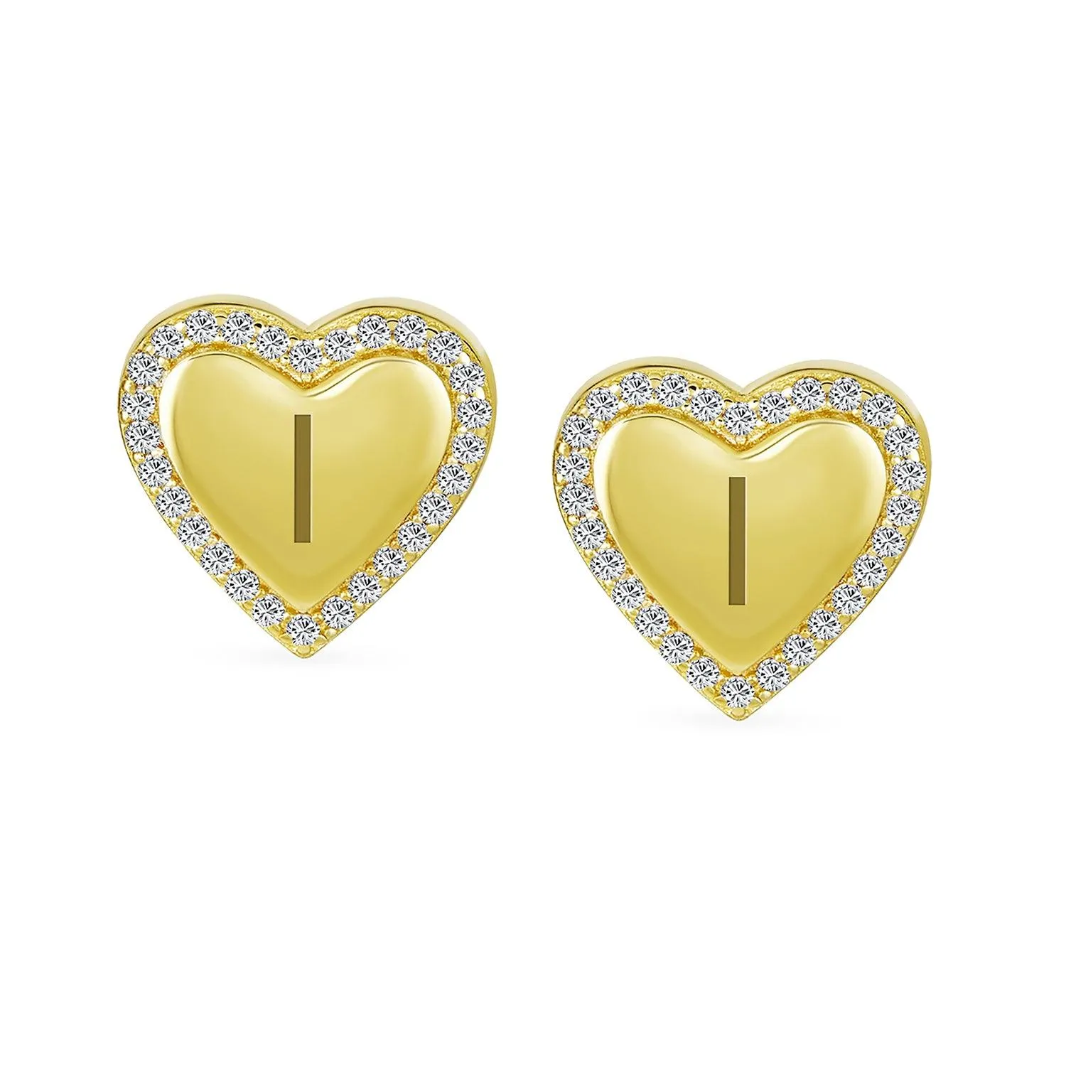 Initial Letter A-Z CZ Stud Earrings Heart Shaped Pave Halo 14K Gold Silver