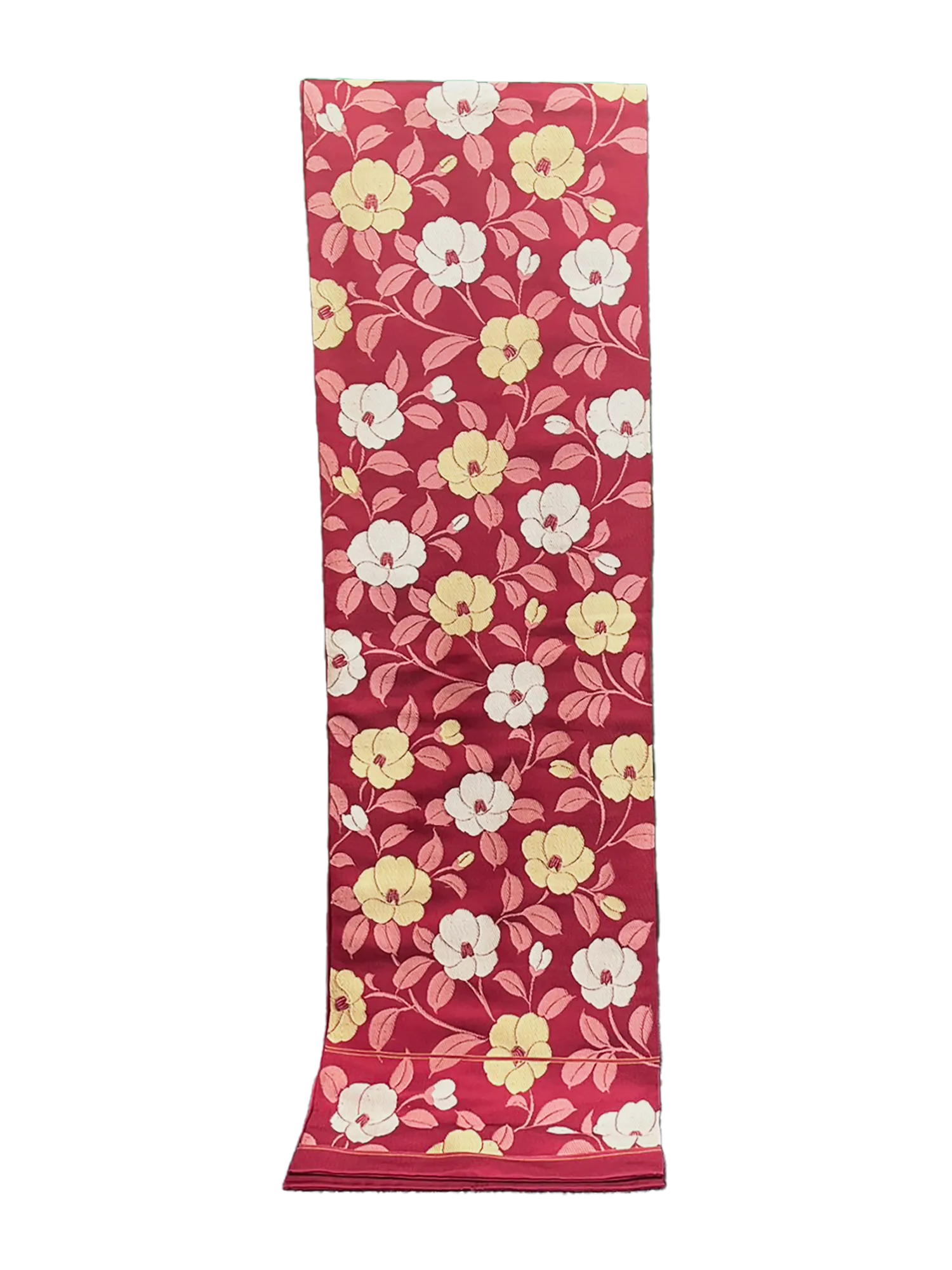 Japanese Kimono Vintage Fukuro Obi - Red, Gold Japanese Flowers