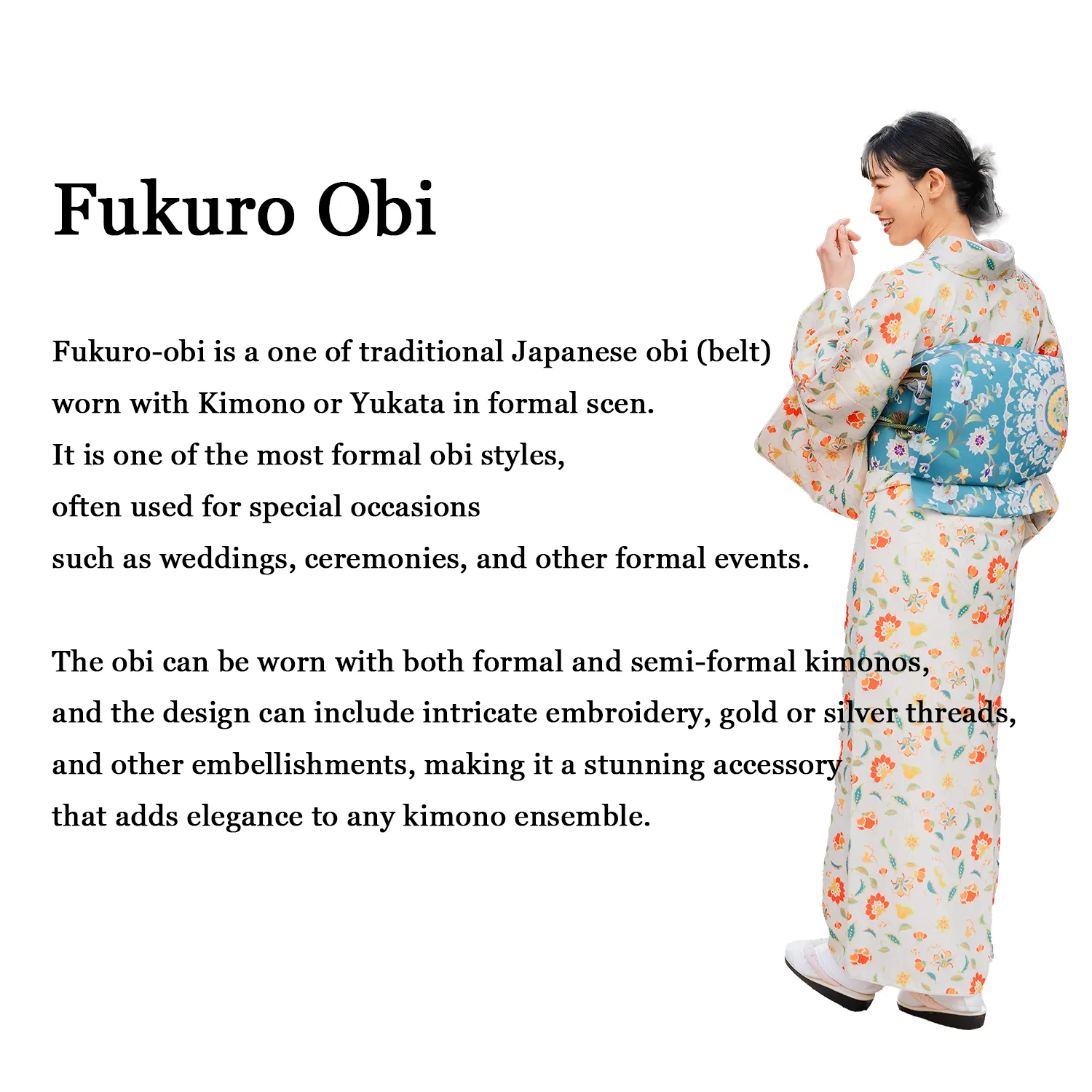 Japanese Kimono Vintage Fukuro Obi - Silver, Orange & Yellow & Green pattern