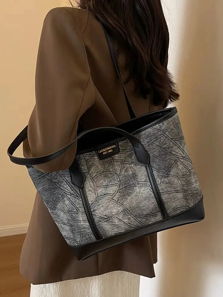 Leather Accents Denim Tote Bag