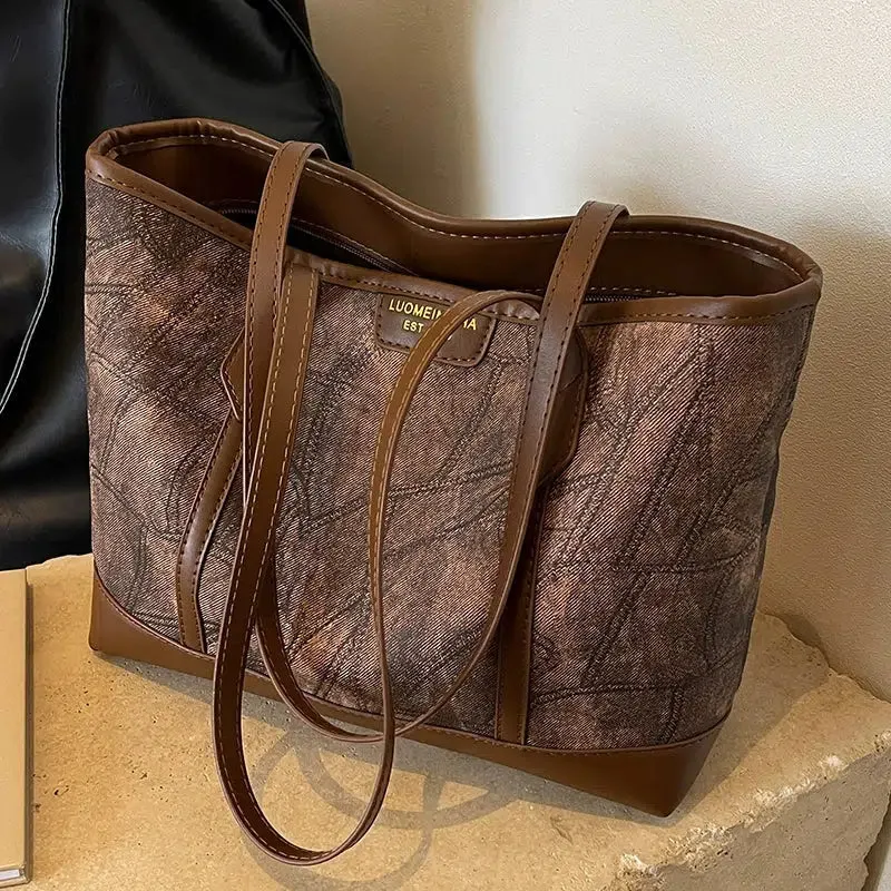 Leather Accents Denim Tote Bag