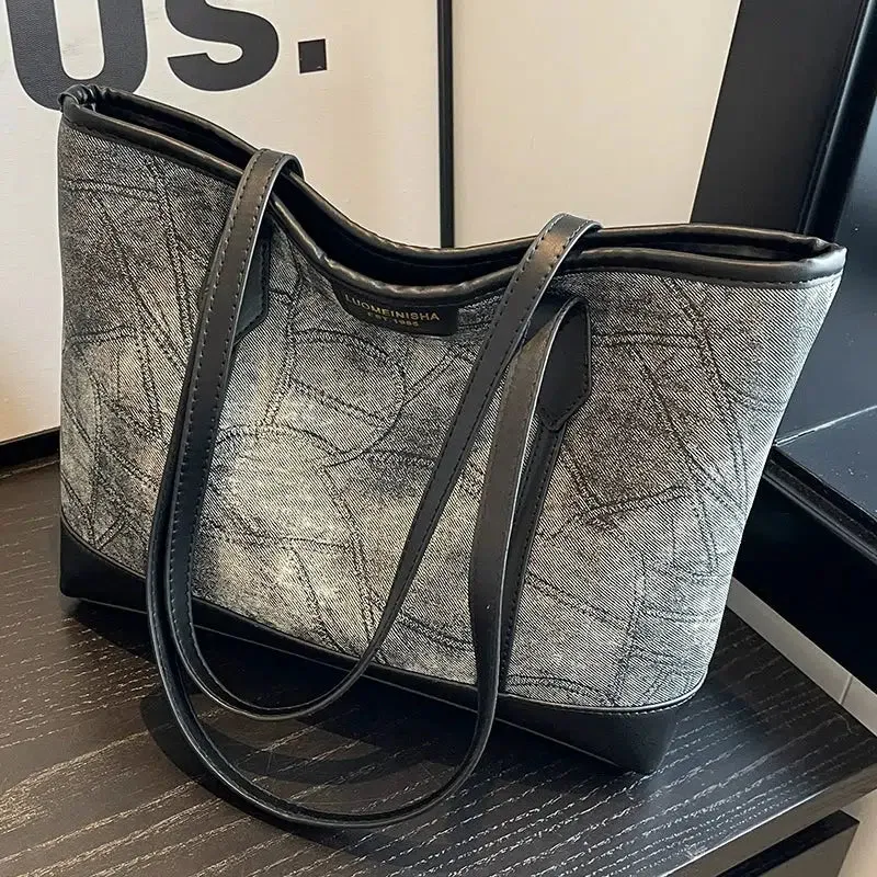 Leather Accents Denim Tote Bag
