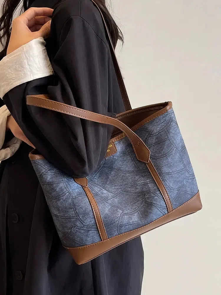 Leather Accents Denim Tote Bag