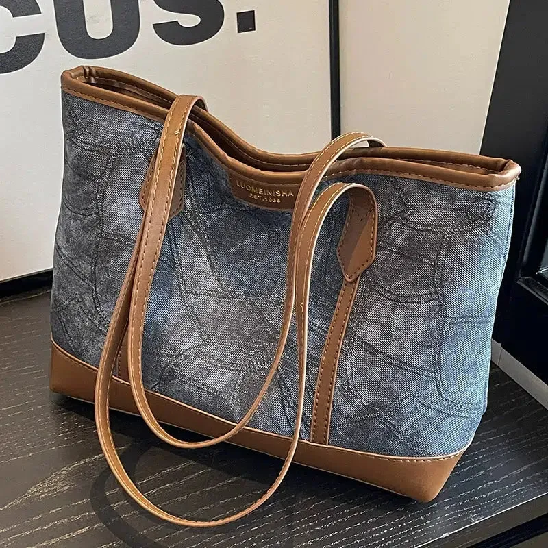 Leather Accents Denim Tote Bag