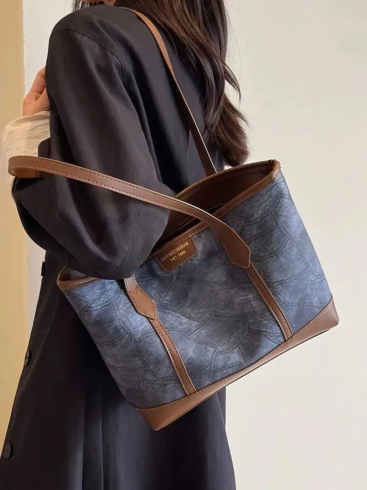 Leather Accents Denim Tote Bag