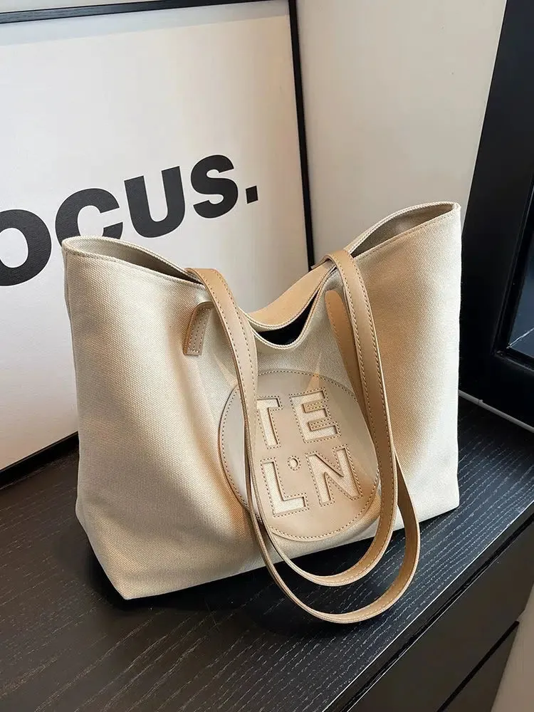 Logo Leather Straps Canvas Tote Bag