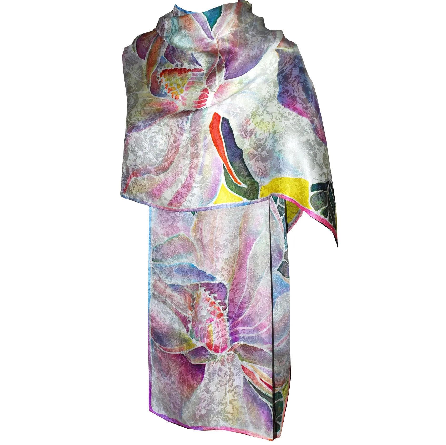 Magnolias on Yellow Jacquard Silk Wrap
