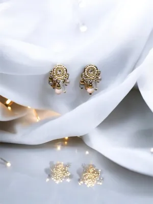 Minimalist - Gold statement earrings with pearl| dangle pearl drop earrings | rhinestones pearl drop earrings | Korean dangly beads rhinestone earrings