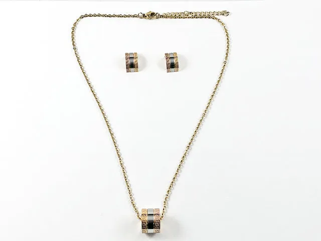 Modern Tri Color Round Ball With Greek Accent Necklace Earring Steel Set