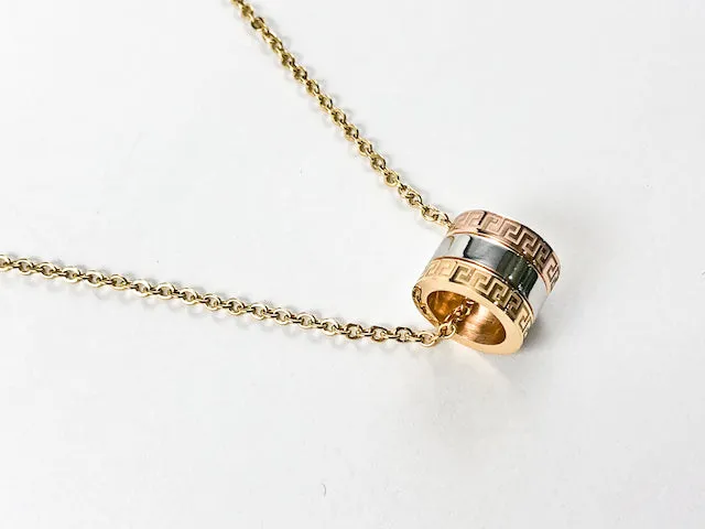 Modern Tri Color Round Ball With Greek Accent Necklace Earring Steel Set