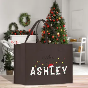 Personalized Christmas Mrs. Name Cotton Canvas Tote Bag Custom Xmas Name Holiday Gift Bag Custom Christmas Alphabet Tote Bag (CT1007)