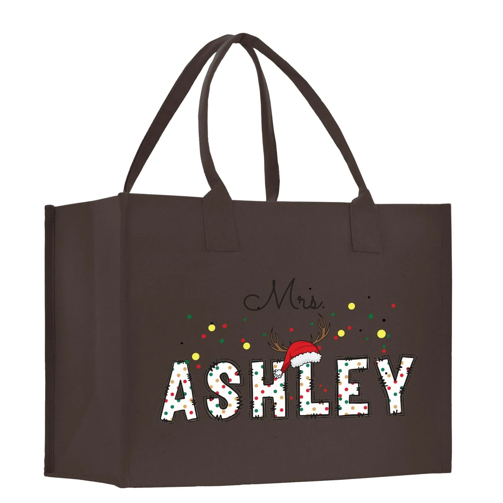 Personalized Christmas Mrs. Name Cotton Canvas Tote Bag Custom Xmas Name Holiday Gift Bag Custom Christmas Alphabet Tote Bag (CT1007)
