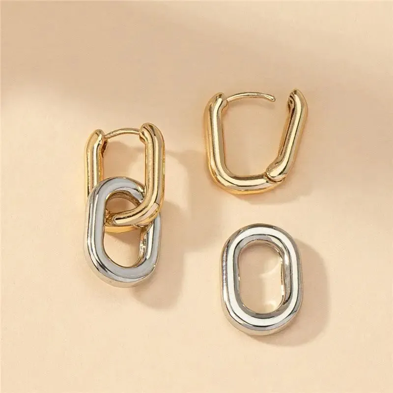 Retro Double Loop Geometric Drop Earrings  Gold and Silver