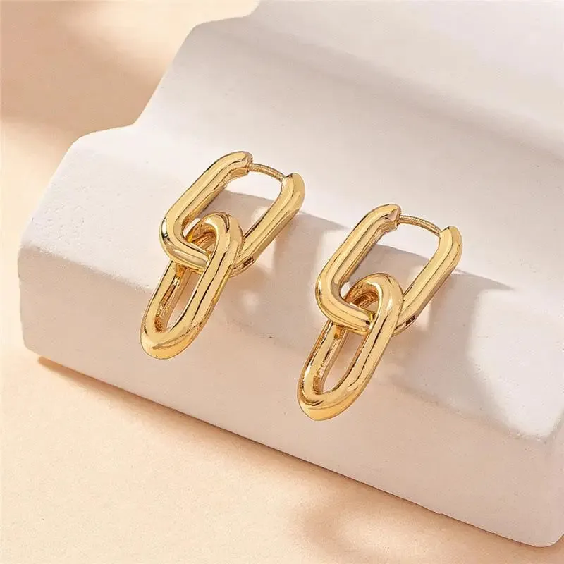 Retro Double Loop Geometric Drop Earrings  Gold and Silver