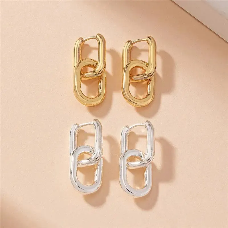 Retro Double Loop Geometric Drop Earrings  Gold and Silver