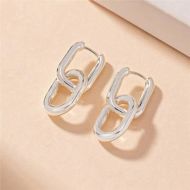 Retro Double Loop Geometric Drop Earrings  Gold and Silver