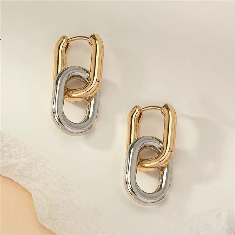 Retro Double Loop Geometric Drop Earrings  Gold and Silver