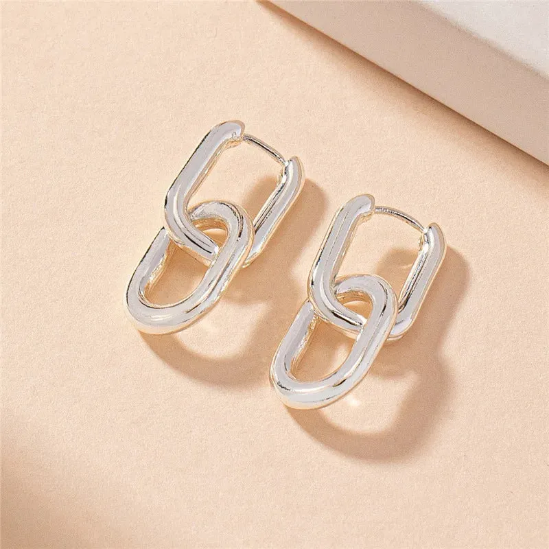 Retro Double Loop Geometric Drop Earrings  Gold and Silver