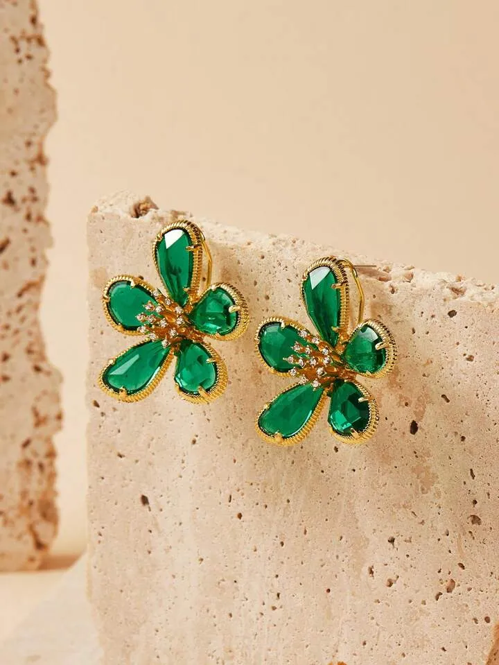ROMANCE  FLOWER DANGLE DROP EARRINGS - EMERALD