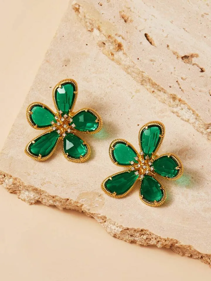 ROMANCE  FLOWER DANGLE DROP EARRINGS - EMERALD