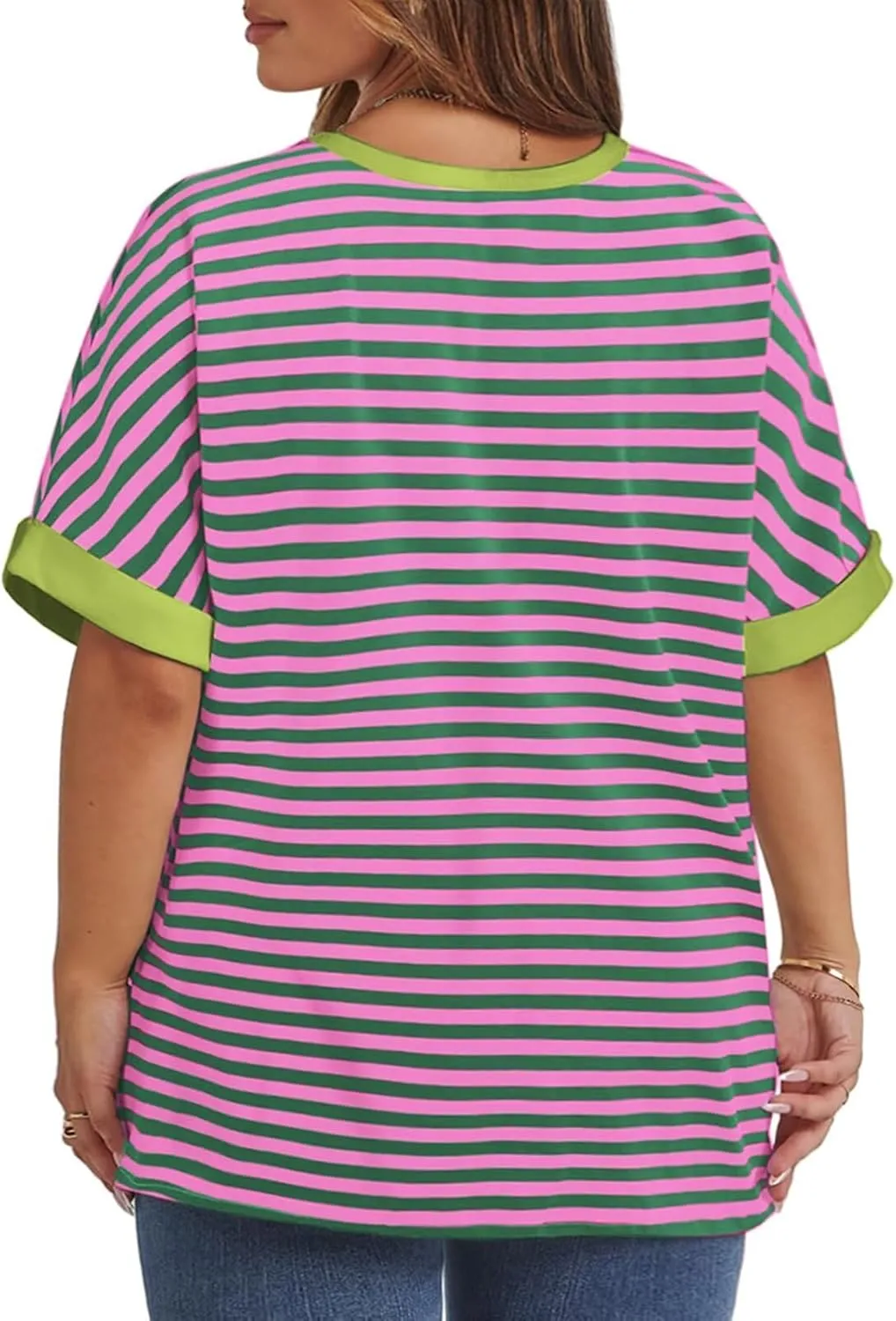 ROSRISS Womens-Plus-Size-Tops Summer Striped Short Sleeve Casual Crewneck Oversized T Shirts Trendy Color Block Basic Tunics
