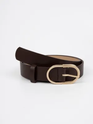 Vegan PU Leather Belt - Agen - Wide Oval Buckle - Gold / Coffee - 103cm